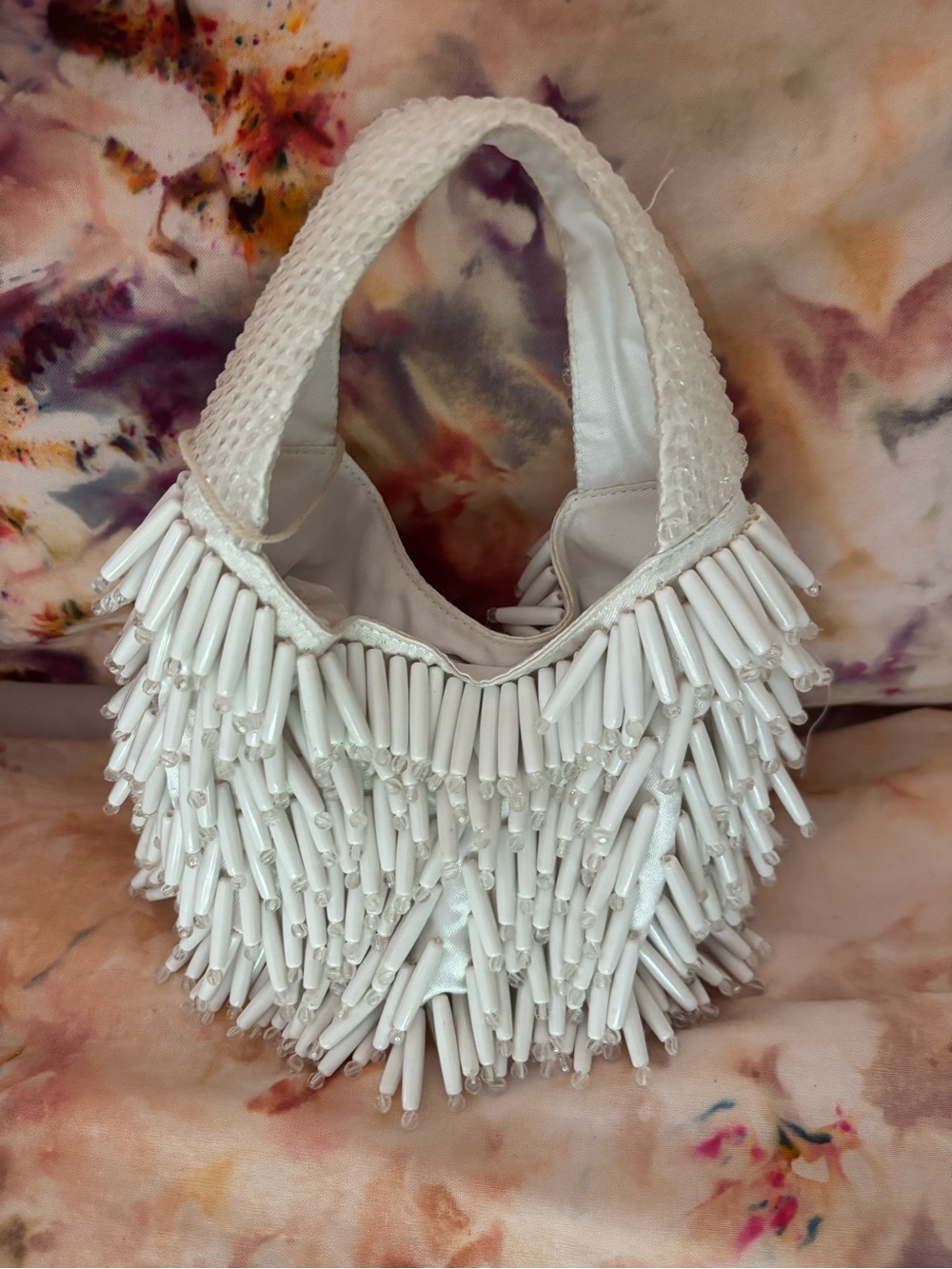White Beaded Fringe Hobo Bag